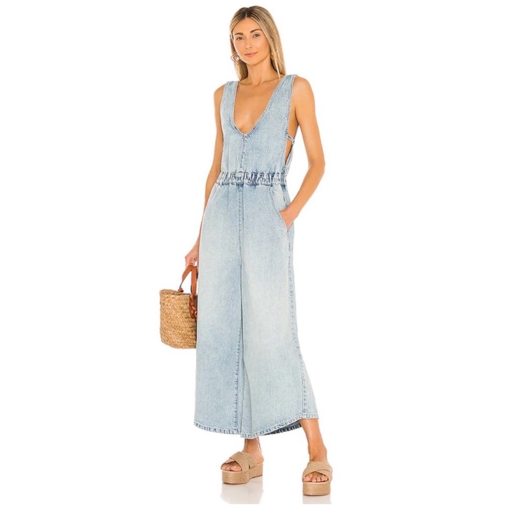 Free People NWT Denim Alora Deep V Neck Elastic Waist Wide Leg Jumpsuit
